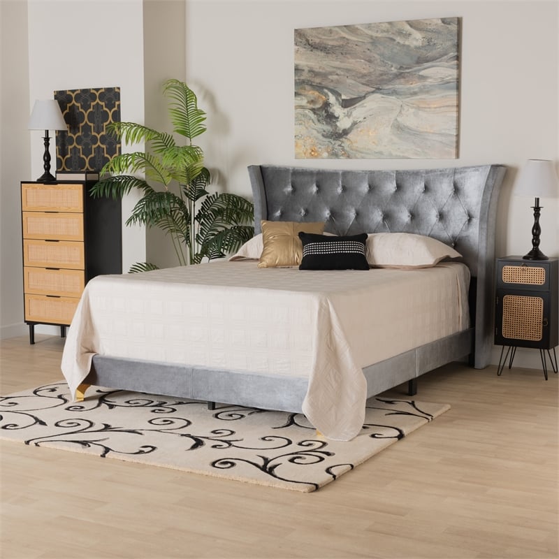 Baxton Studio Easton Grey Velvet and Gold Metal Queen Size Panel Bed