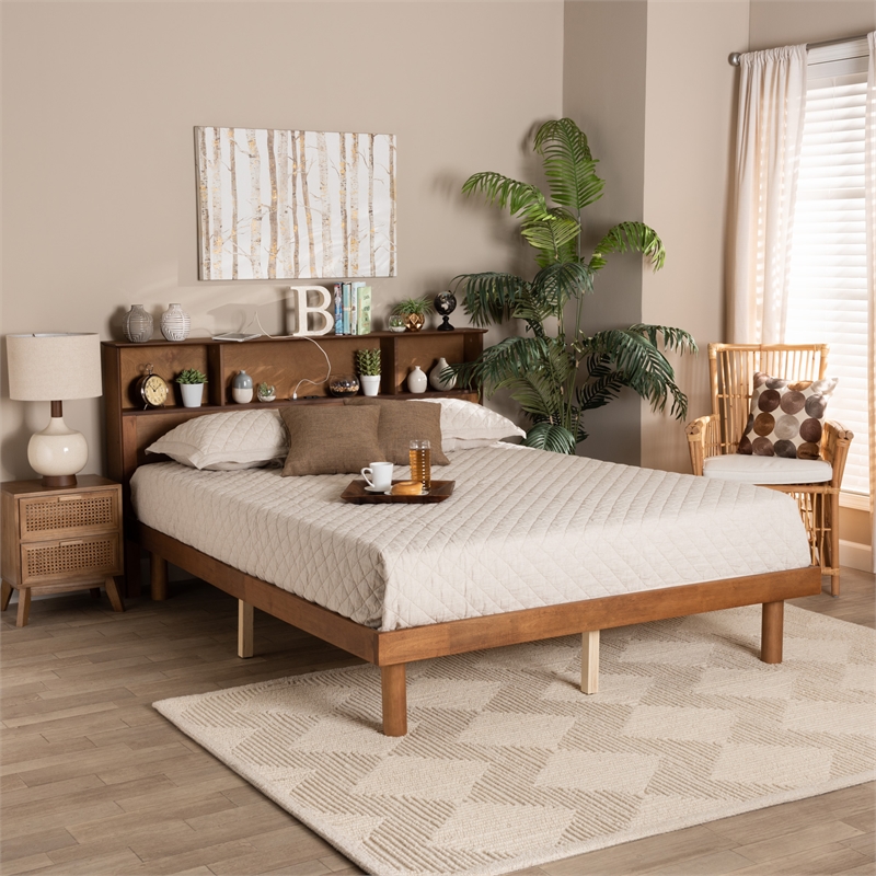 Baxton Studio Lochlan Brown Wood Full Size Platform Bed with Charging Station