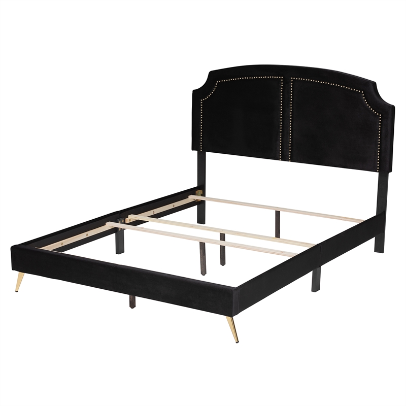 Baxton Studio Oxley Black Velvet and Gold Metal Queen Size Panel Bed