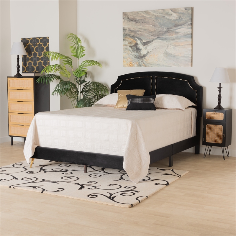 Baxton Studio Oxley Black Velvet and Gold Metal Queen Size Panel Bed