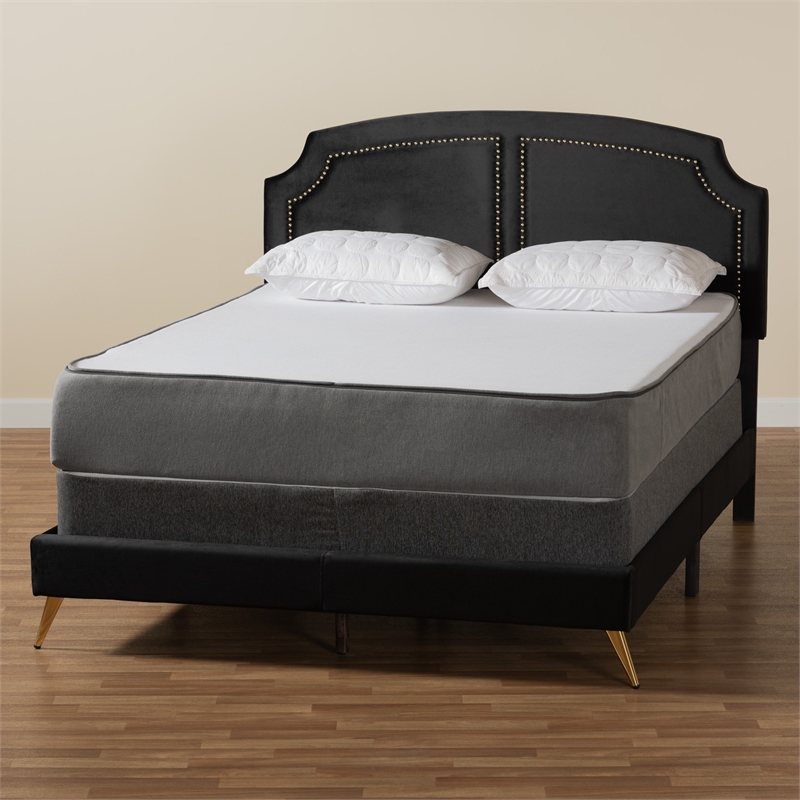 Baxton Studio Oxley Black Velvet and Gold Metal Queen Size Panel Bed
