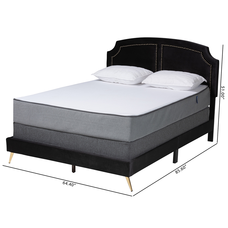 Baxton Studio Oxley Black Velvet and Gold Metal Queen Size Panel Bed