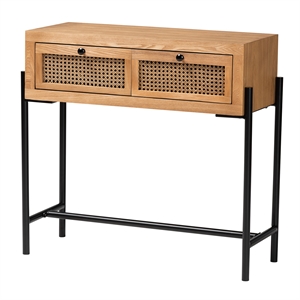 baxton studio santino natural brown wood and black metal 2-drawer console table