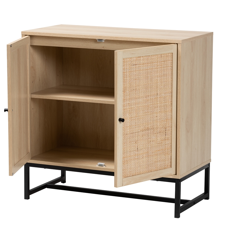 Baxton Studio Caterina Brown Wood and Natural Rattan 2-Door Storage Cabinet