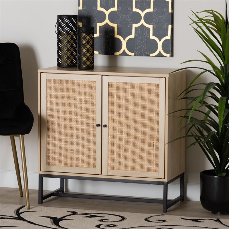 Baxton Studio Caterina Brown Wood and Natural Rattan 2-Door Storage Cabinet