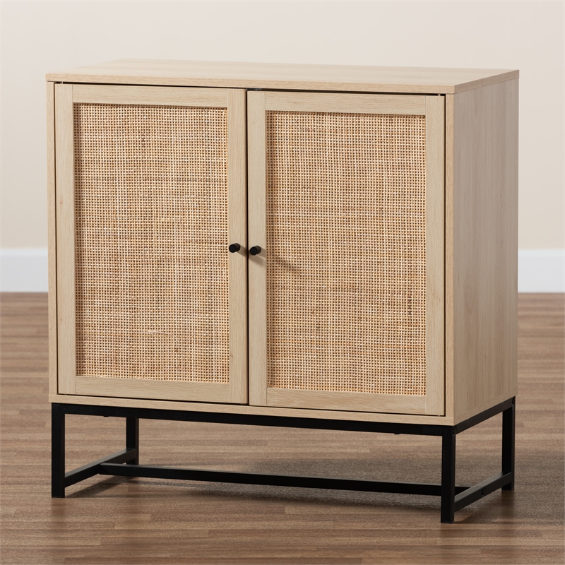 Baxton Studio Caterina Brown Wood and Natural Rattan 2-Door Storage Cabinet