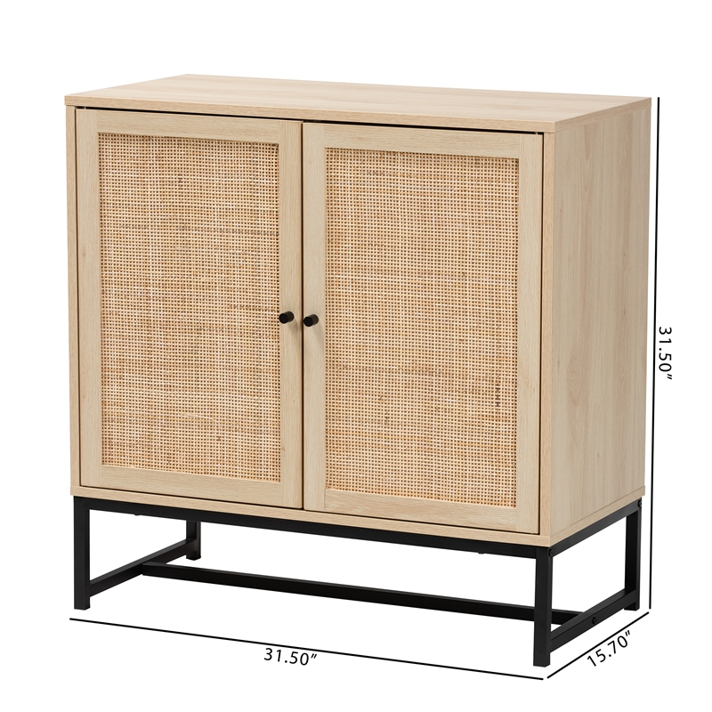 Baxton Studio Caterina Brown Wood and Natural Rattan 2-Door Storage Cabinet