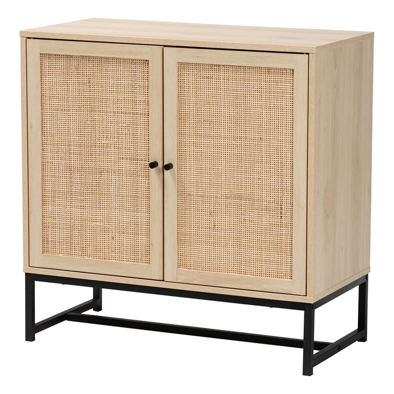 Baxton Studio Caterina Brown Wood and Natural Rattan 2-Door Storage Cabinet