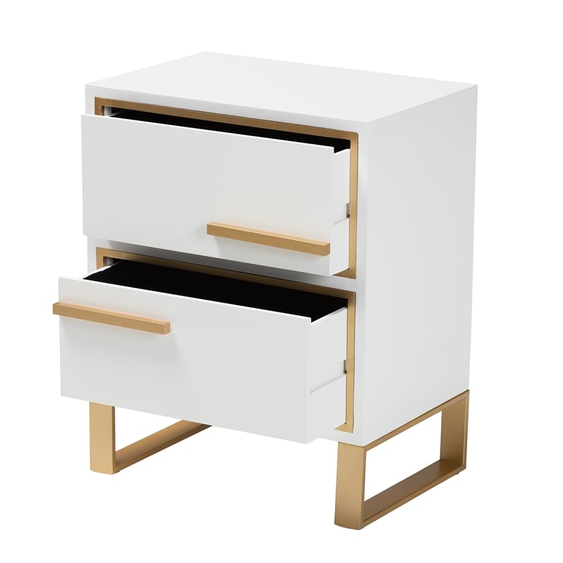 Baxton Studio Giolla White Finished Wood and Gold Metal 2-Drawer End Table