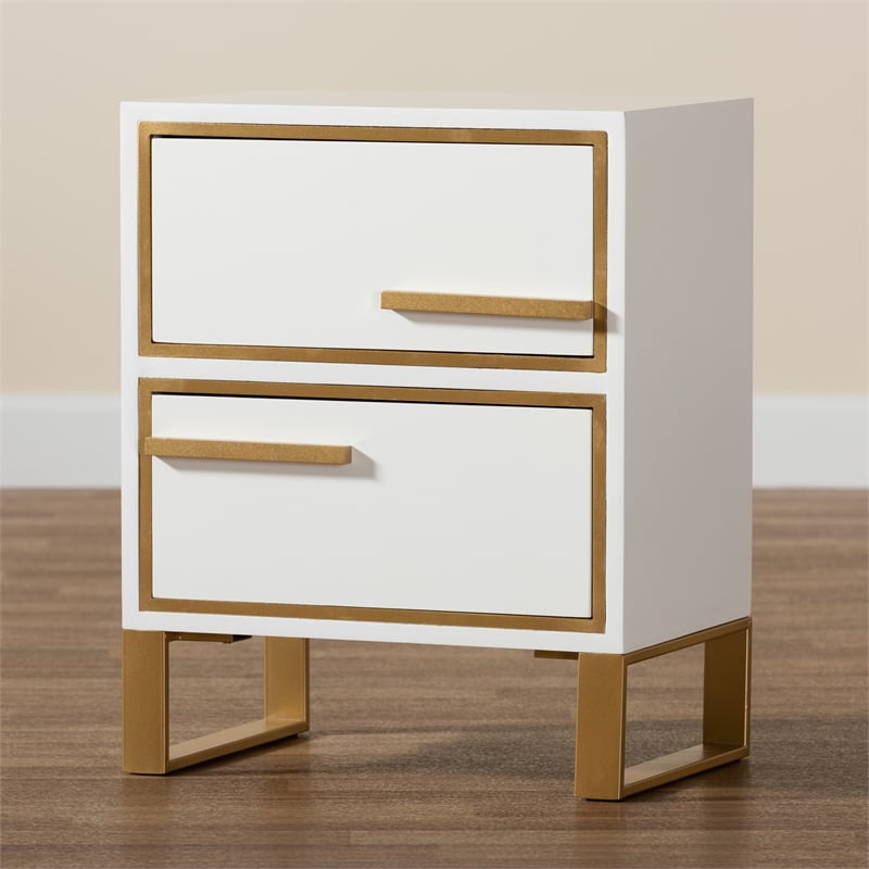 Baxton Studio Giolla White Finished Wood and Gold Metal 2-Drawer End Table