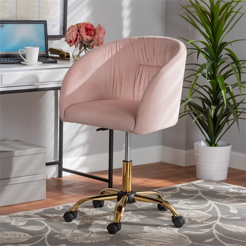 Baxton Studio Ravenna Pink Velvet Fabric and Gold Metal Swivel Office Chair