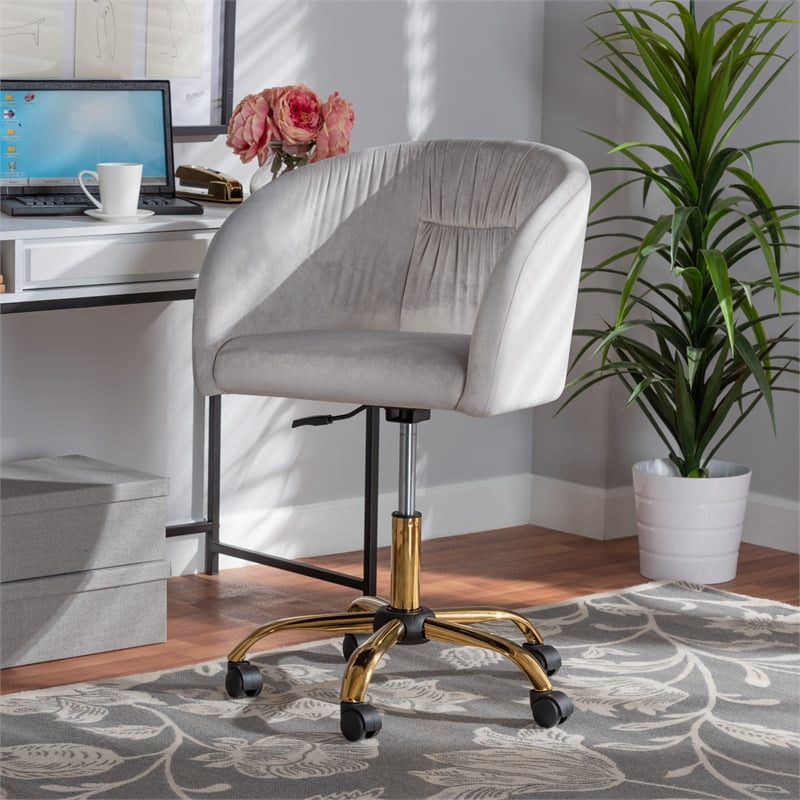 Baxton Studio Ravenna Grey Velvet Fabric and Gold Metal Swivel Office Chair