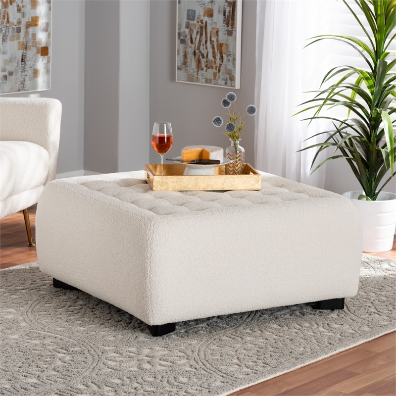 Baxton Studio Athena Ivory Boucle Upholstered and Black Wood Square Ottoman