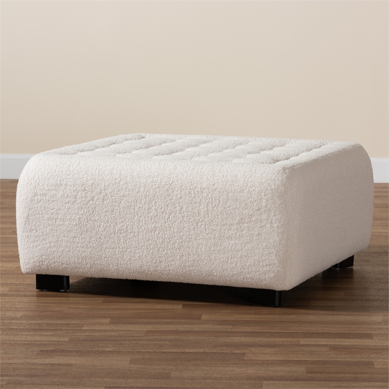 Baxton Studio Athena Ivory Boucle Upholstered and Black Wood Square Ottoman