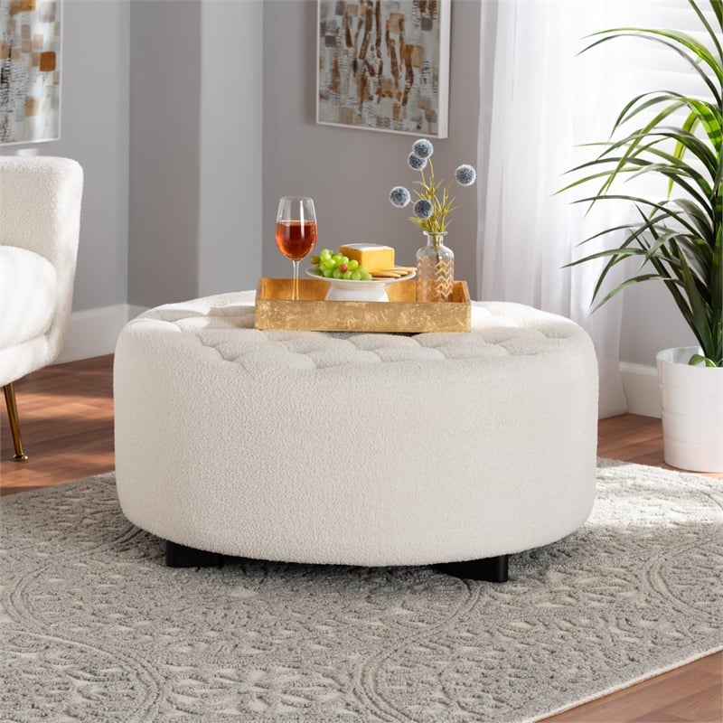 Baxton Studio Athena Ivory Boucle Upholstered and Black Wood Round Ottoman