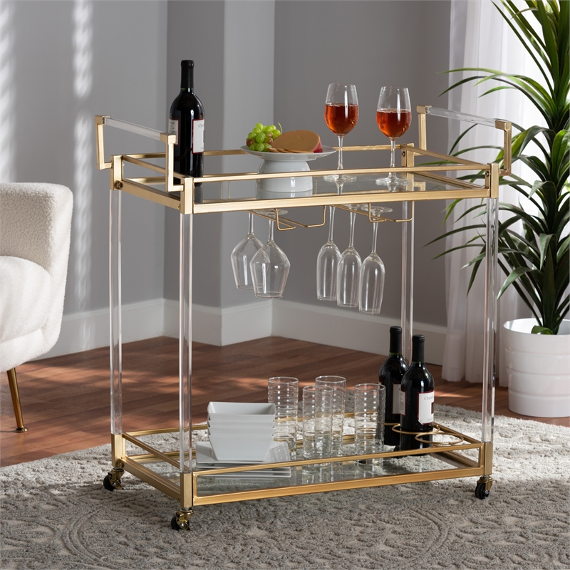 Baxton Studio Savannah Glam and Luxe Gold Metal and Glass Wine Cart