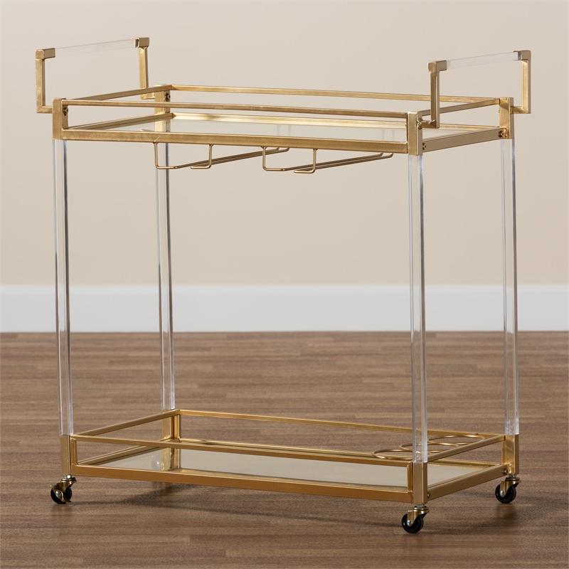 Baxton Studio Savannah Glam and Luxe Gold Metal and Glass Wine Cart