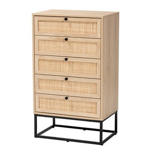 baxton studio amelia brown wood and natural rattan 5-drawer storage cabinet