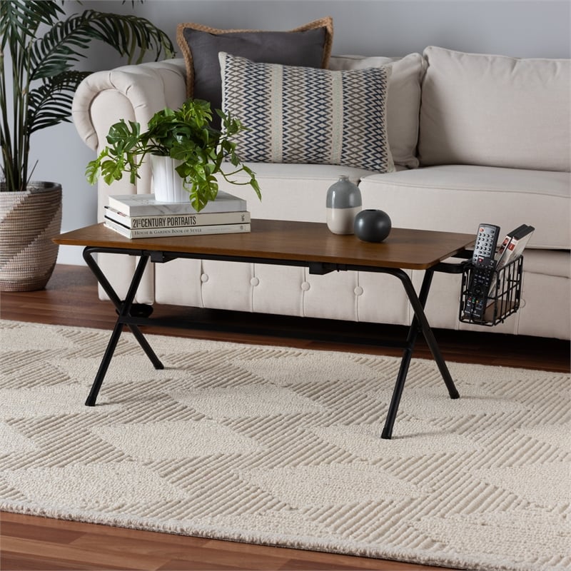 Baxton Studio Mariela Brown and Black Low Profile Coffee Table with Basket