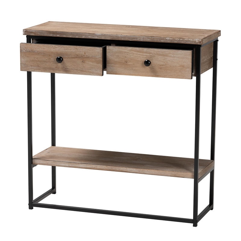 Baxton Studio Silas Brown Finished Wood and Black Metal 2-Drawer Console Table