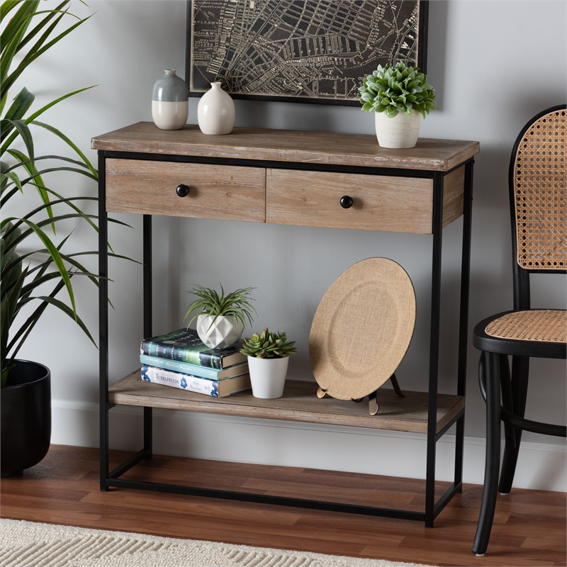 Baxton Studio Silas Brown Finished Wood and Black Metal 2-Drawer Console Table