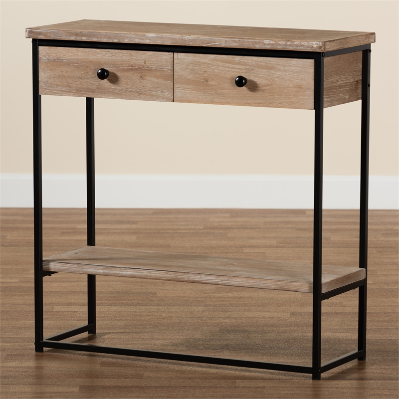 Baxton Studio Silas Brown Finished Wood and Black Metal 2-Drawer Console Table