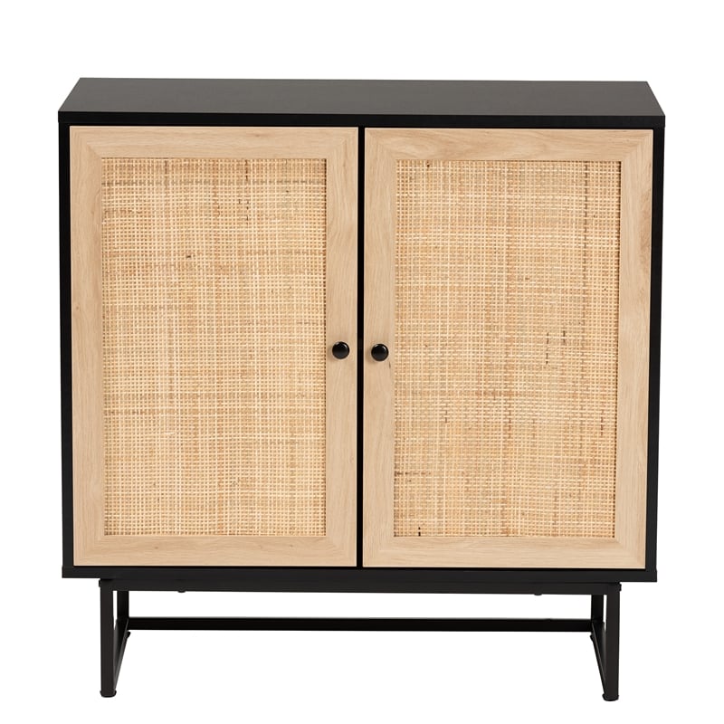 Baxton Studio Declan Brown Wood and Natural Rattan 2-Door Storage Cabinet