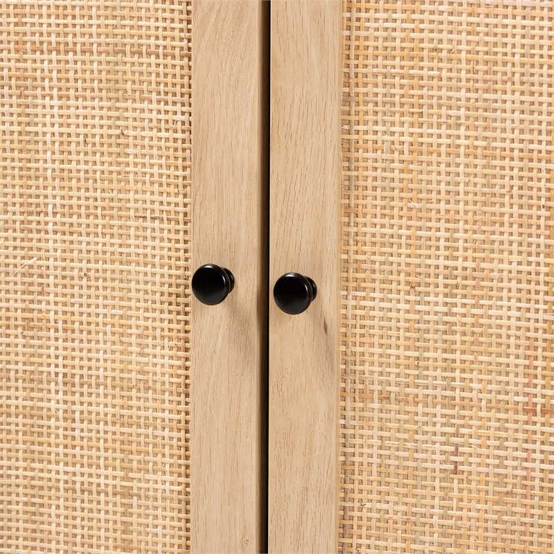 Baxton Studio Declan Brown Wood and Natural Rattan 2-Door Storage Cabinet