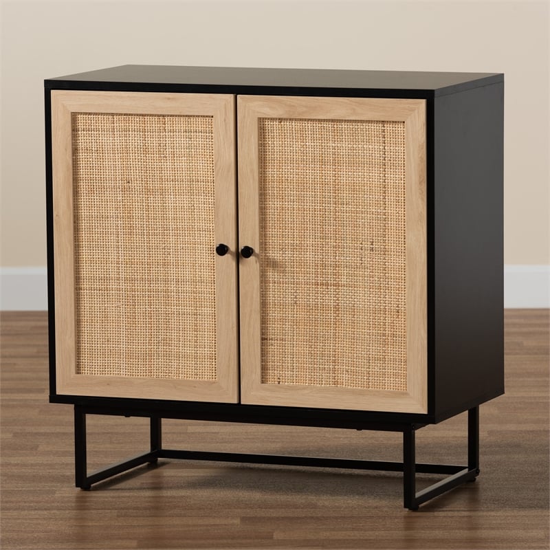 Baxton Studio Declan Brown Wood and Natural Rattan 2-Door Storage Cabinet