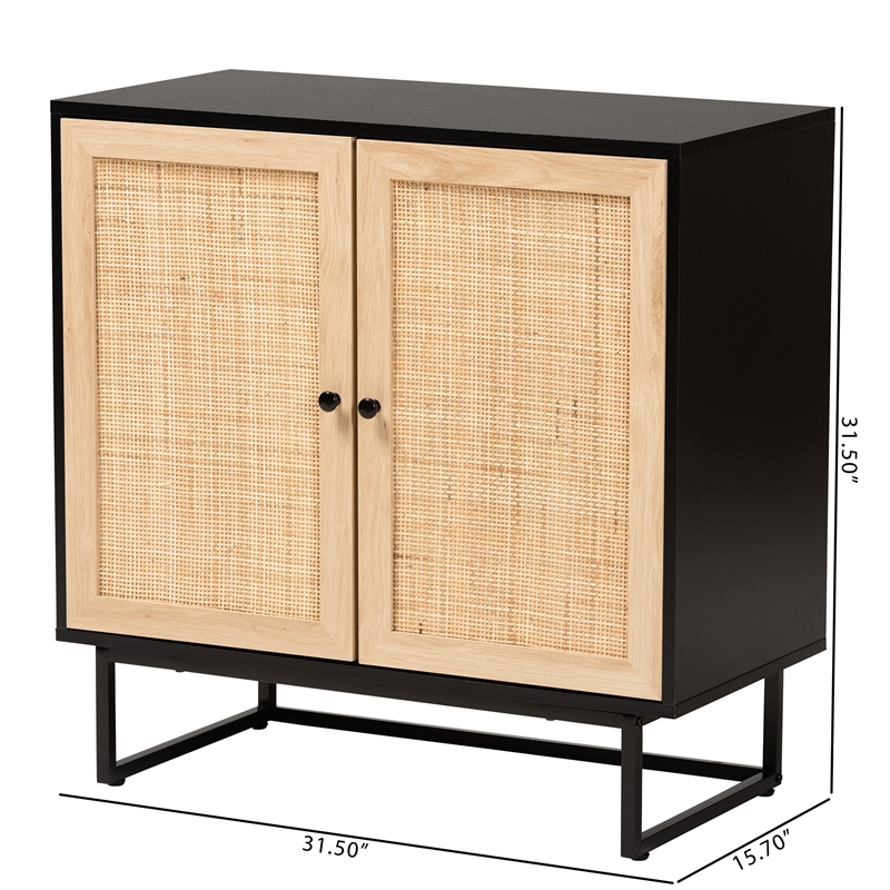 Baxton Studio Declan Brown Wood and Natural Rattan 2-Door Storage Cabinet
