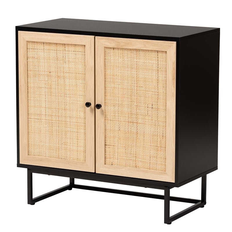 Baxton Studio Declan Brown Wood and Natural Rattan 2-Door Storage Cabinet