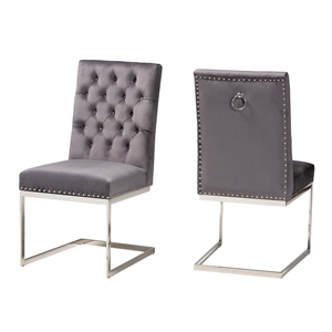 Baxton Studio Sherine Gray Velvet and Silver Metal 2-Piece Dining Chair Set