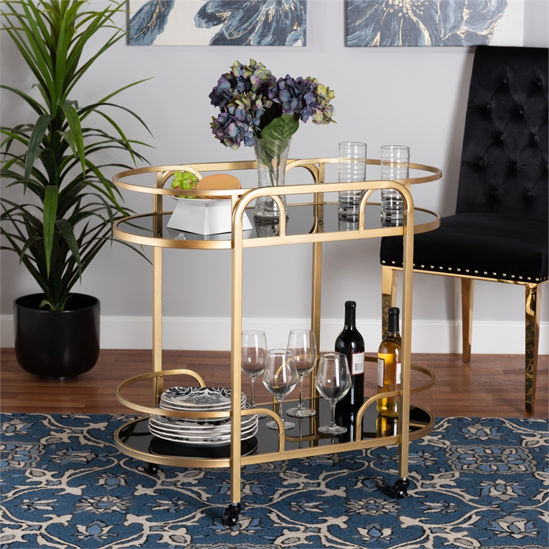 Baxton Studio Leighton Gold Metal and Tempered Glass 2-Tier Wine Cart