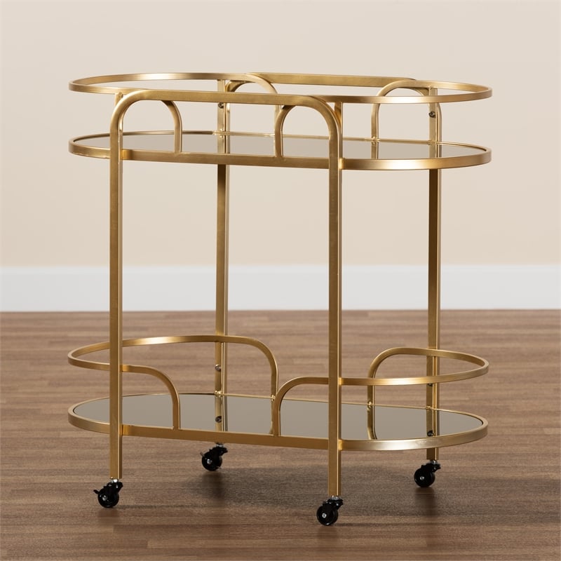 Baxton Studio Leighton Gold Metal and Tempered Glass 2-Tier Wine Cart
