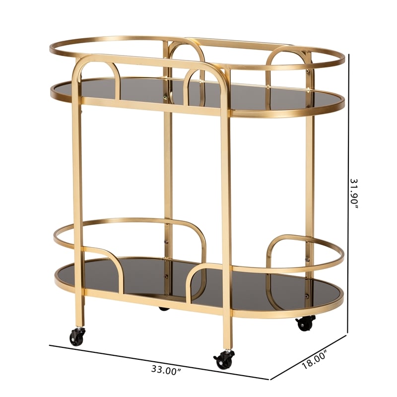 Baxton Studio Leighton Gold Metal and Tempered Glass 2-Tier Wine Cart