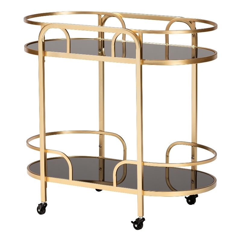 Baxton Studio Leighton Gold Metal and Tempered Glass 2-Tier Wine Cart