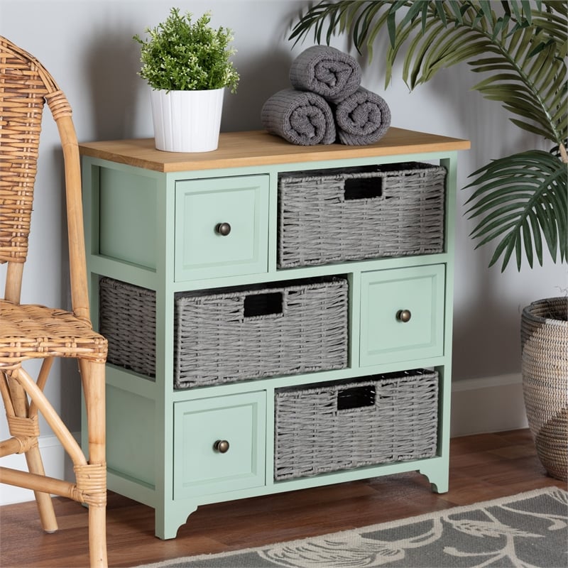 Baxton Studio Valtina Two-Tone Brown and Green Wood 3-Drawer Storage Unit