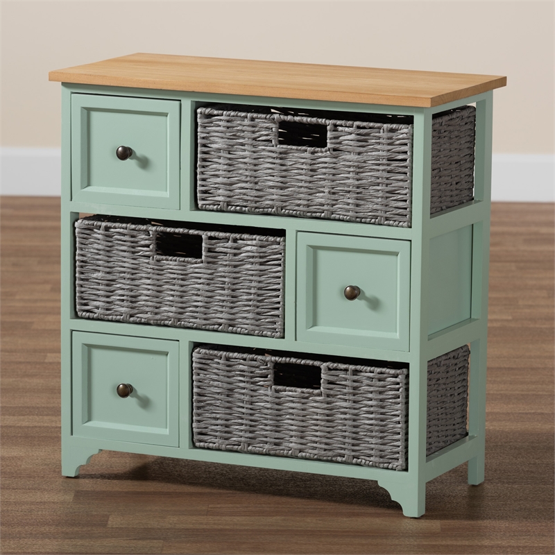 Baxton Studio Valtina Two-Tone Brown and Green Wood 3-Drawer Storage Unit