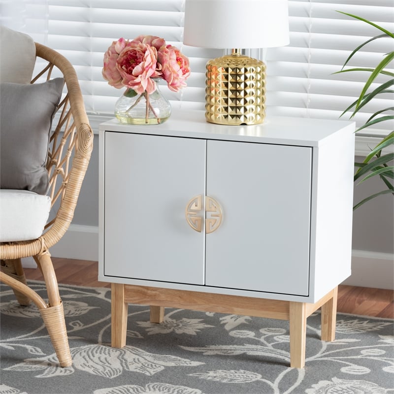 Baxton Studio Kamana White and Brown Wood and Gold Metal 2-Door Storage Cabinet
