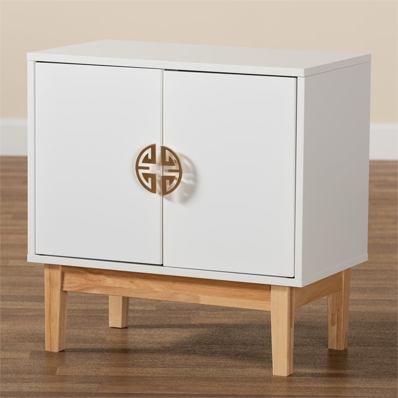 Baxton Studio Kamana White and Brown Wood and Gold Metal 2-Door Storage Cabinet