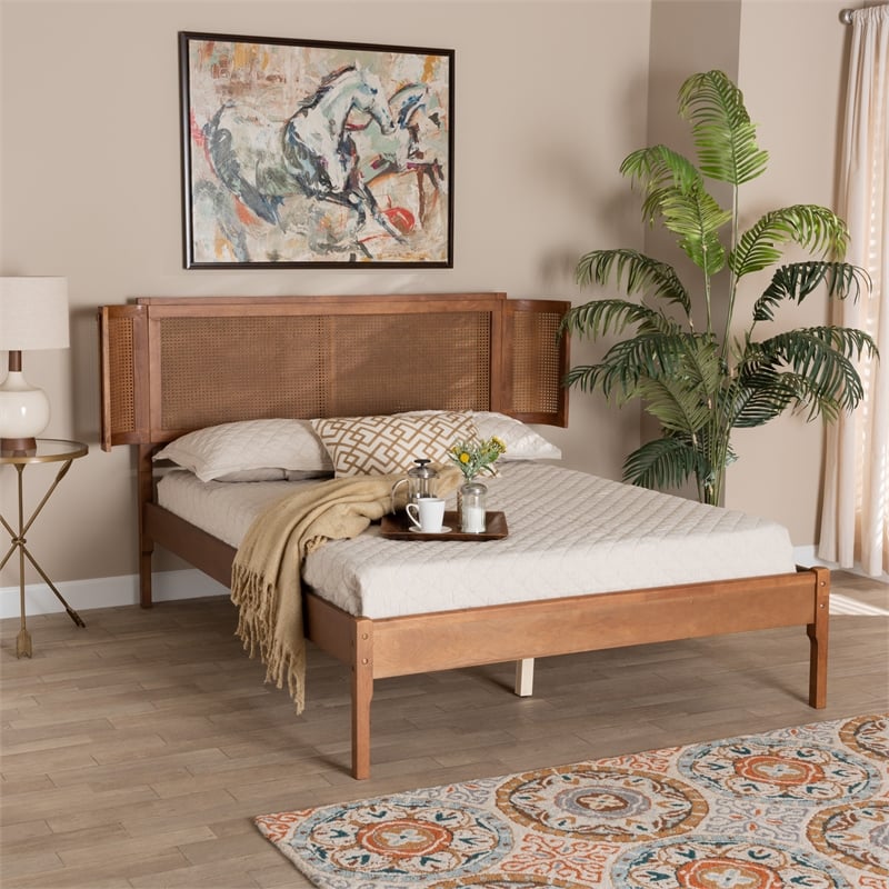 Baxton Studio Eridian Brown Wood and Natural Rattan Queen Size Platform Bed