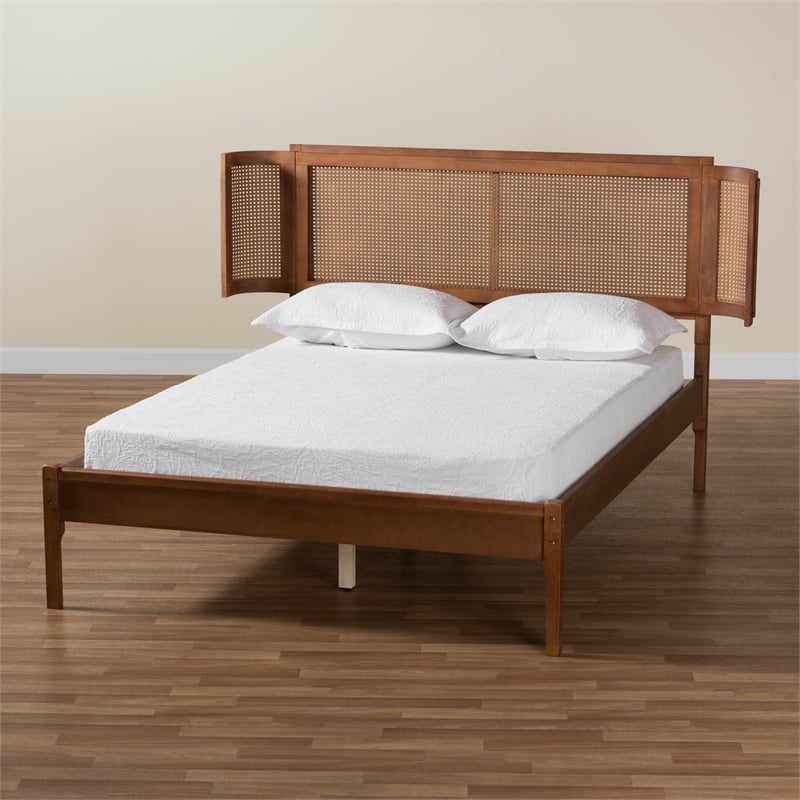 Baxton Studio Eridian Brown Wood and Natural Rattan Queen Size Platform Bed