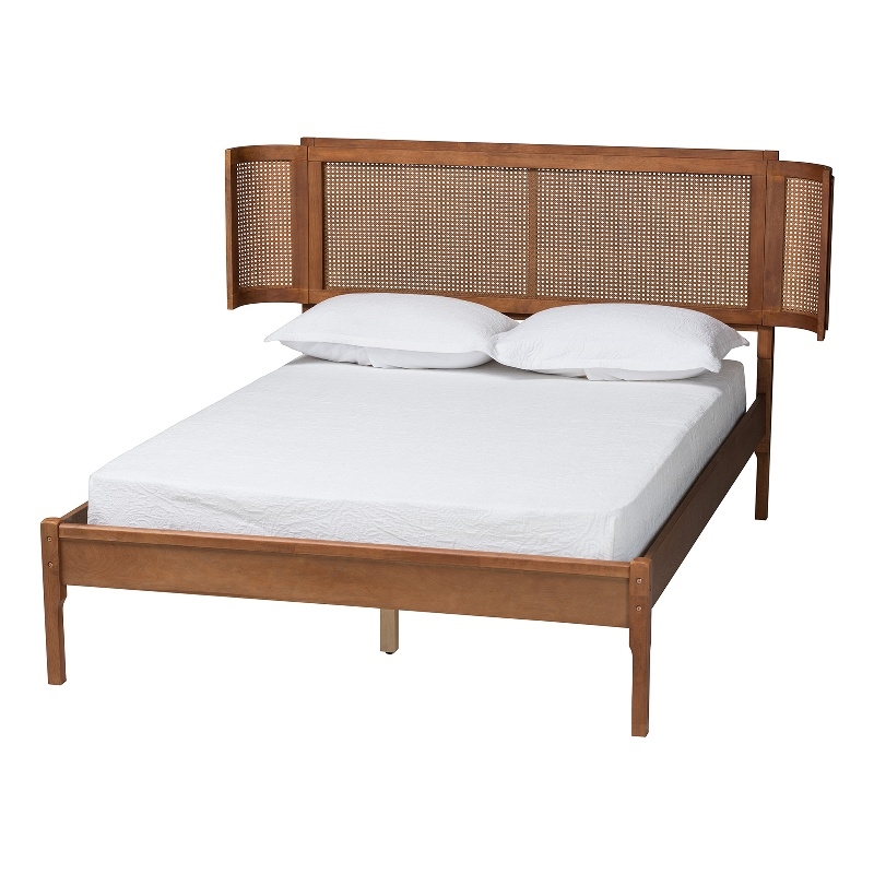 Baxton Studio Eridian Brown Wood and Natural Rattan Queen Size Platform Bed
