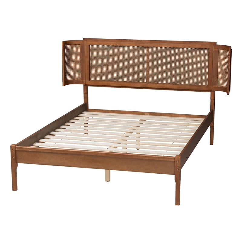 Baxton Studio Eridian Brown Wood and Natural Rattan Full Size Platform Bed
