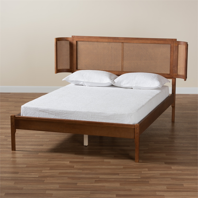 Baxton Studio Eridian Brown Wood and Natural Rattan Full Size Platform Bed
