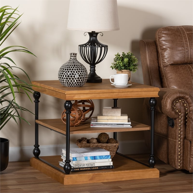 Baxton Studio Sebastian Oak Brown Wood and Black Metal 3-Tier End Table