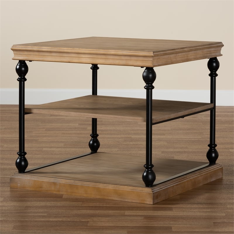 Baxton Studio Sebastian Greywashed Wood and Black Metal 3-Tier End Table