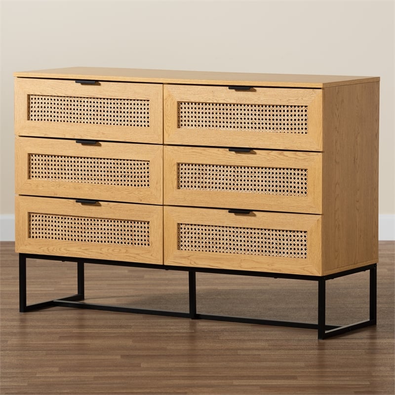 Baxton Studio Sawyer Brown Wood and Black Metal 6-Drawer Cabinet with Rattan