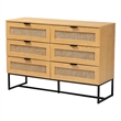 Baxton Studio Sawyer Brown Wood and Black Metal 6-Drawer Cabinet with Rattan