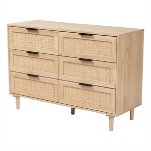 baxton studio harrison brown wood and natural rattan 6-drawer storage cabinet